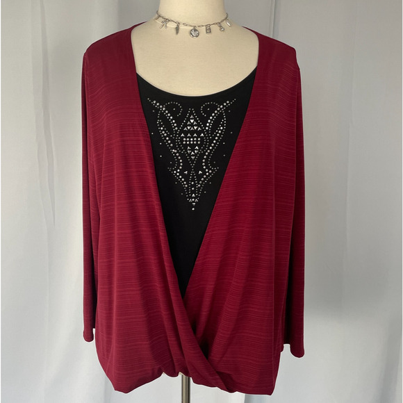 Y2K Top Plus Size 3X Red Black Layered Drapey Silver Rhinestone Bling Goth Indie - Picture 1 of 10